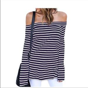 Off shoulder navy blue striped top